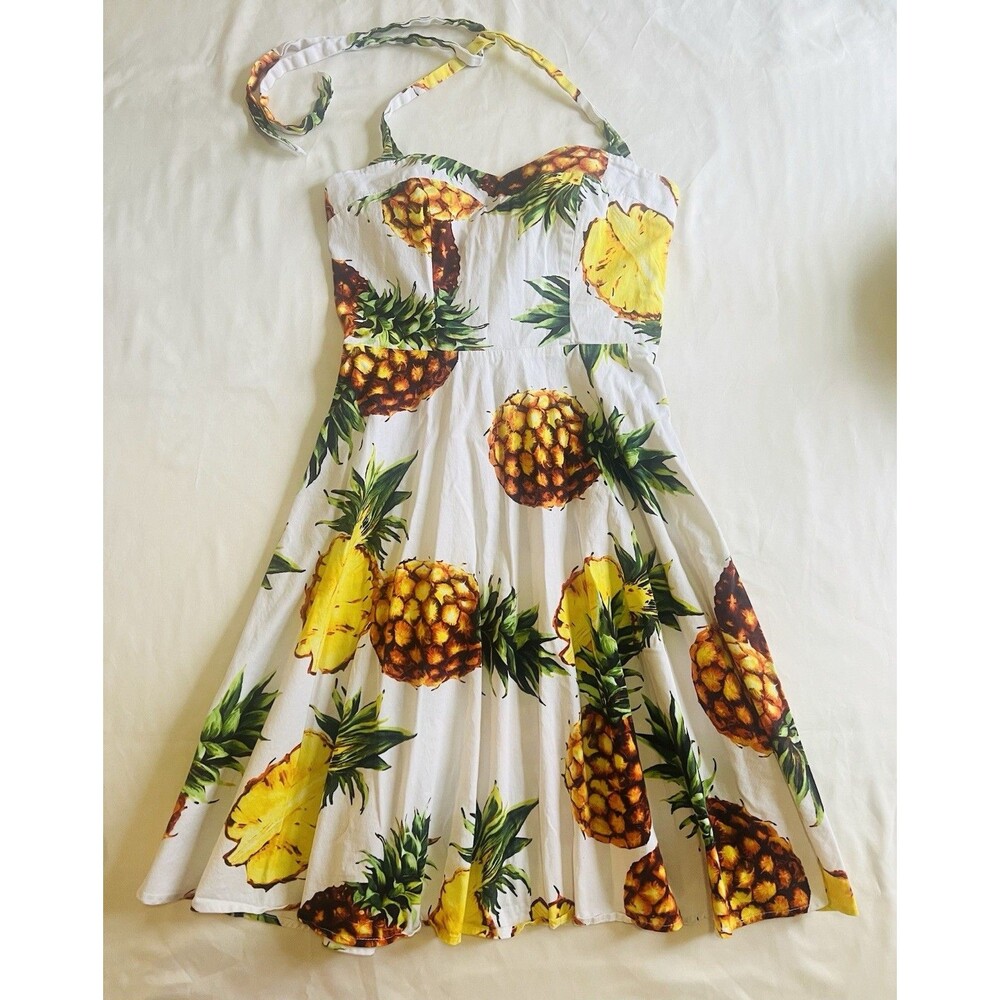 Topdress Pineapple Print Halter Dress Sz M Retro Rockabilly Corset Lace Up Back